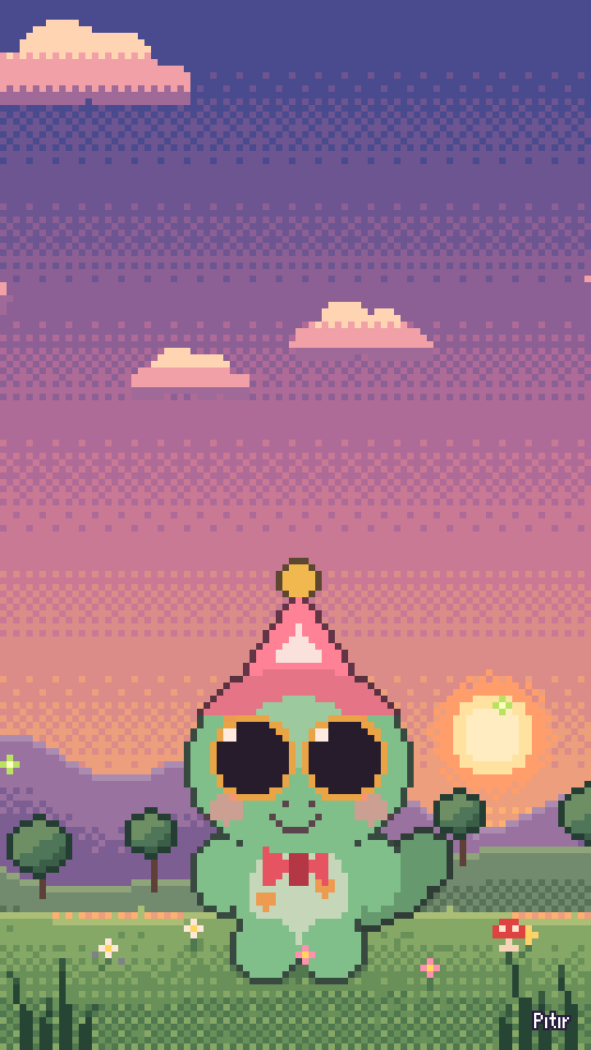 A Story photo exported from photo mode: Pıtır in a party hat and bow tie at sunset, with a small Pıtır mark in the corner.