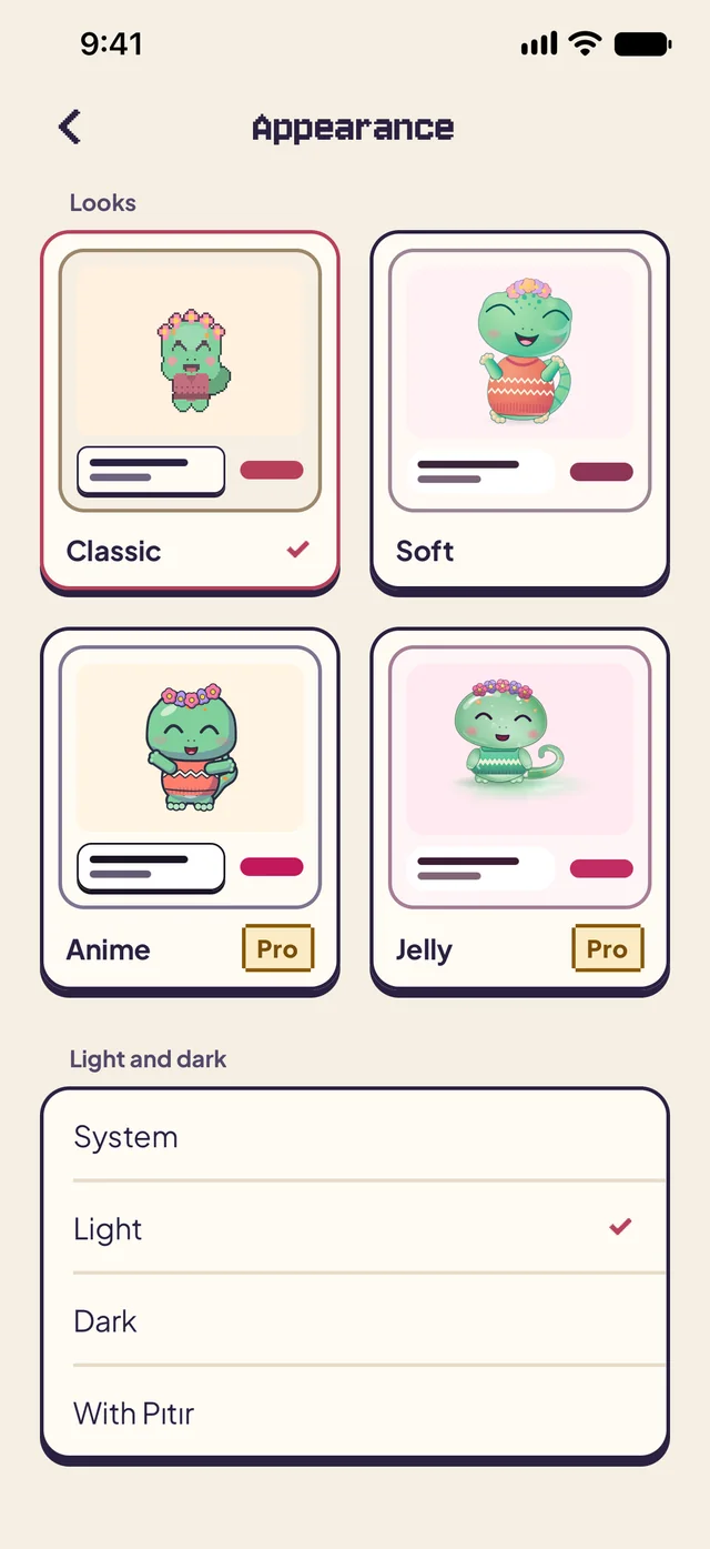 Appearance settings: Classic, Soft, Anime and Jelly tiles, and System, Light, Dark and With Pıtır modes.
