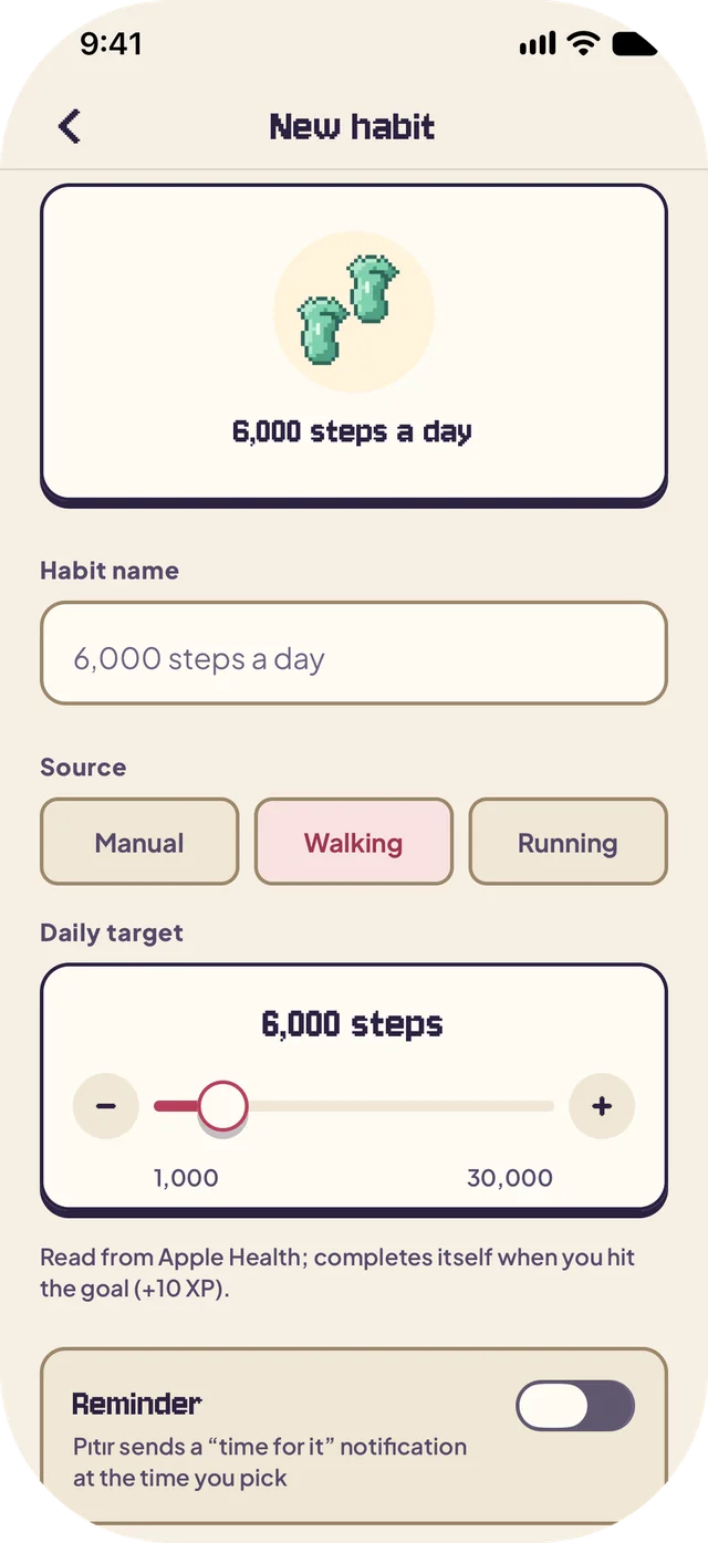 New habit screen: source set to Walking with a daily target of 6,000 steps read from Apple Health.