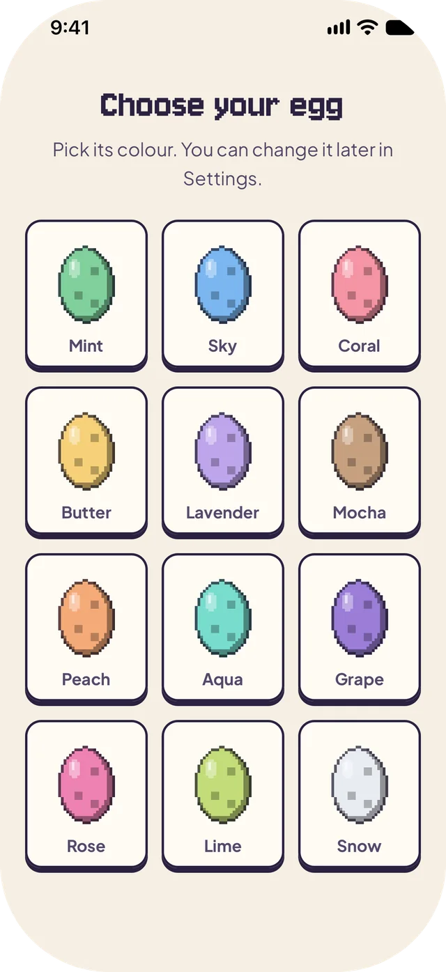 Choose your egg: twelve eggs in mint, sky, coral, butter, lavender, mocha, peach, aqua, grape, rose, lime and snow.