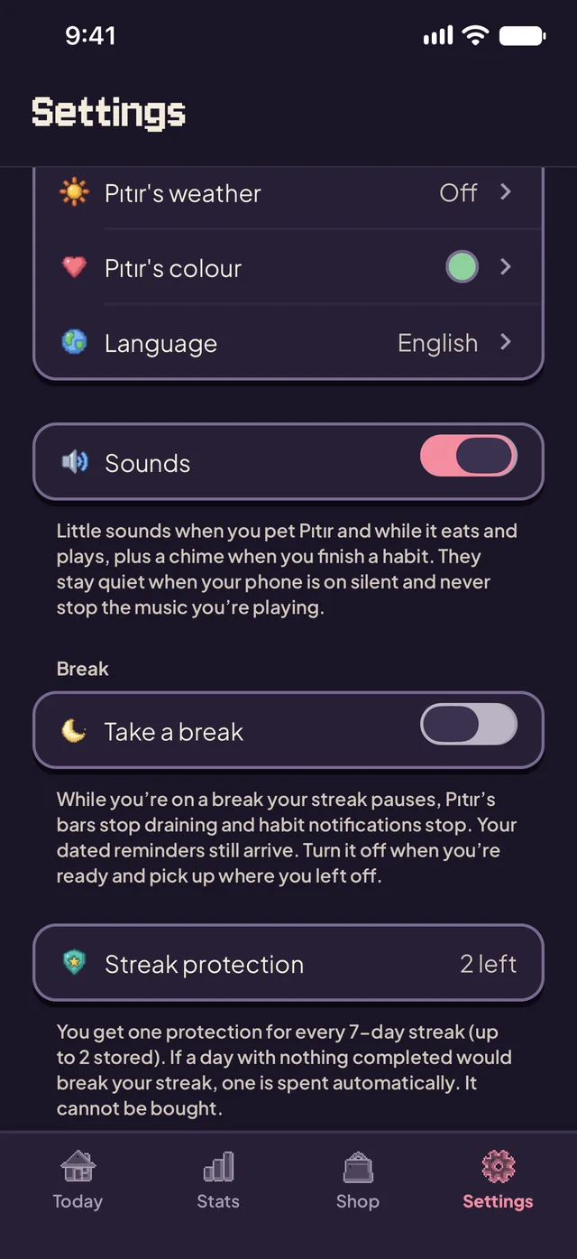 Settings in dark mode: Pıtır’s weather, color and language, Sounds switched on, Take a break and Streak protection, 2 left.