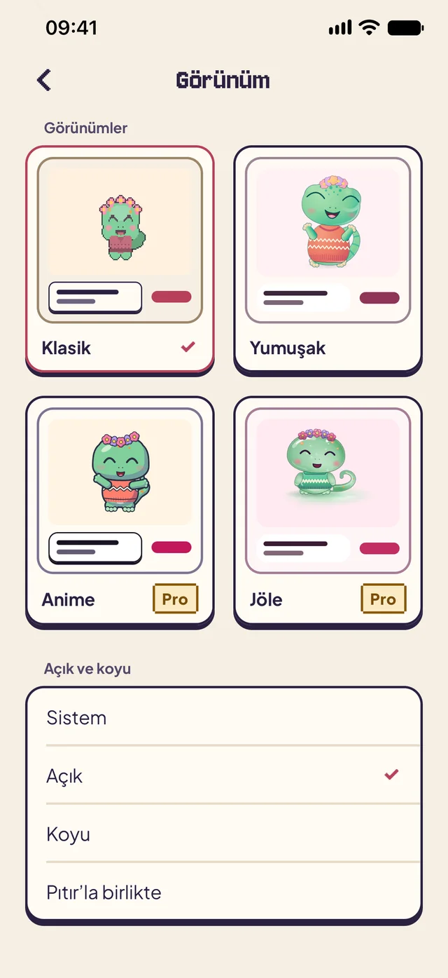 Görünüm ayarı: Klasik, Yumuşak, Anime ve Jöle karoları; Sistem, Açık, Koyu ve Pıtır’la birlikte modları.