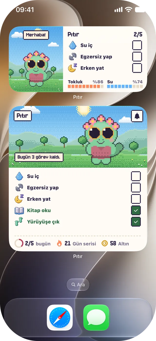 İki Pıtır widget’ı olan ana ekran: Pıtır ve üç alışkanlıkla orta boy, Pıtır, beş alışkanlık, seri ve altınla büyük boy.